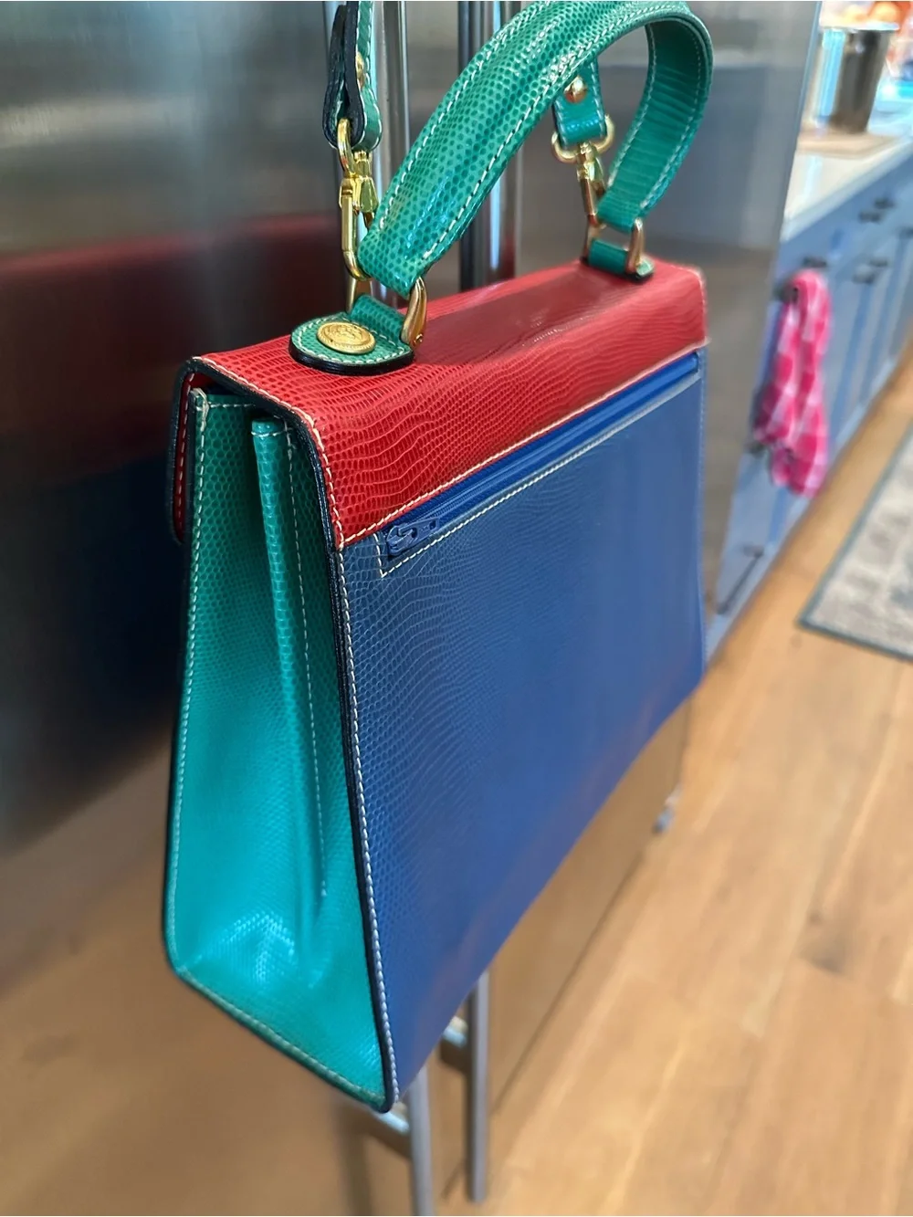 Didier Lamarthe Vintage Structured Leather Satchel in Red, Blue & Green